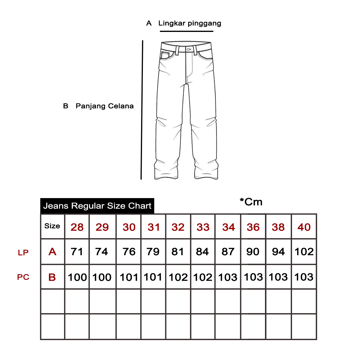 Size Chart Jeans Regular