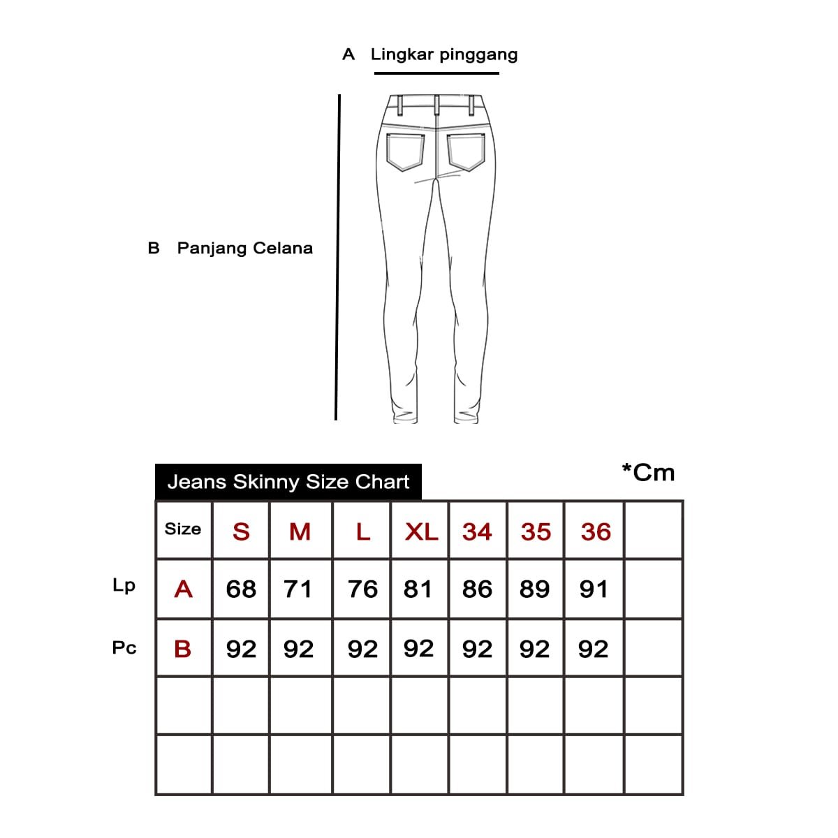 Size Chart Jeans Skinny wanita