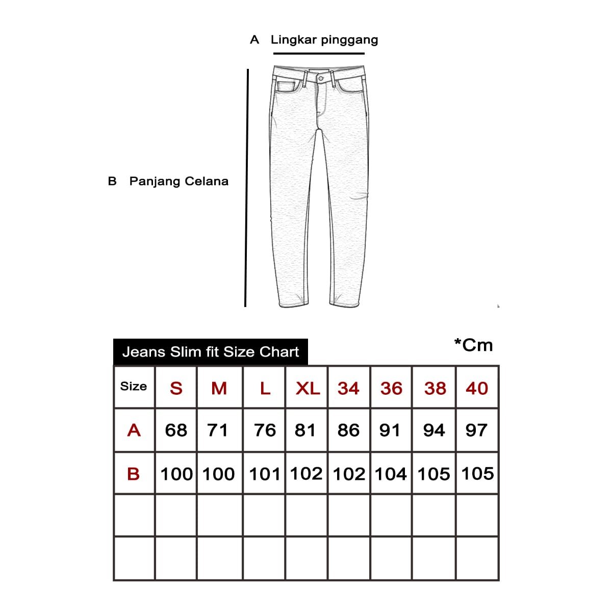 Size Chart Jeans Slim Pria
