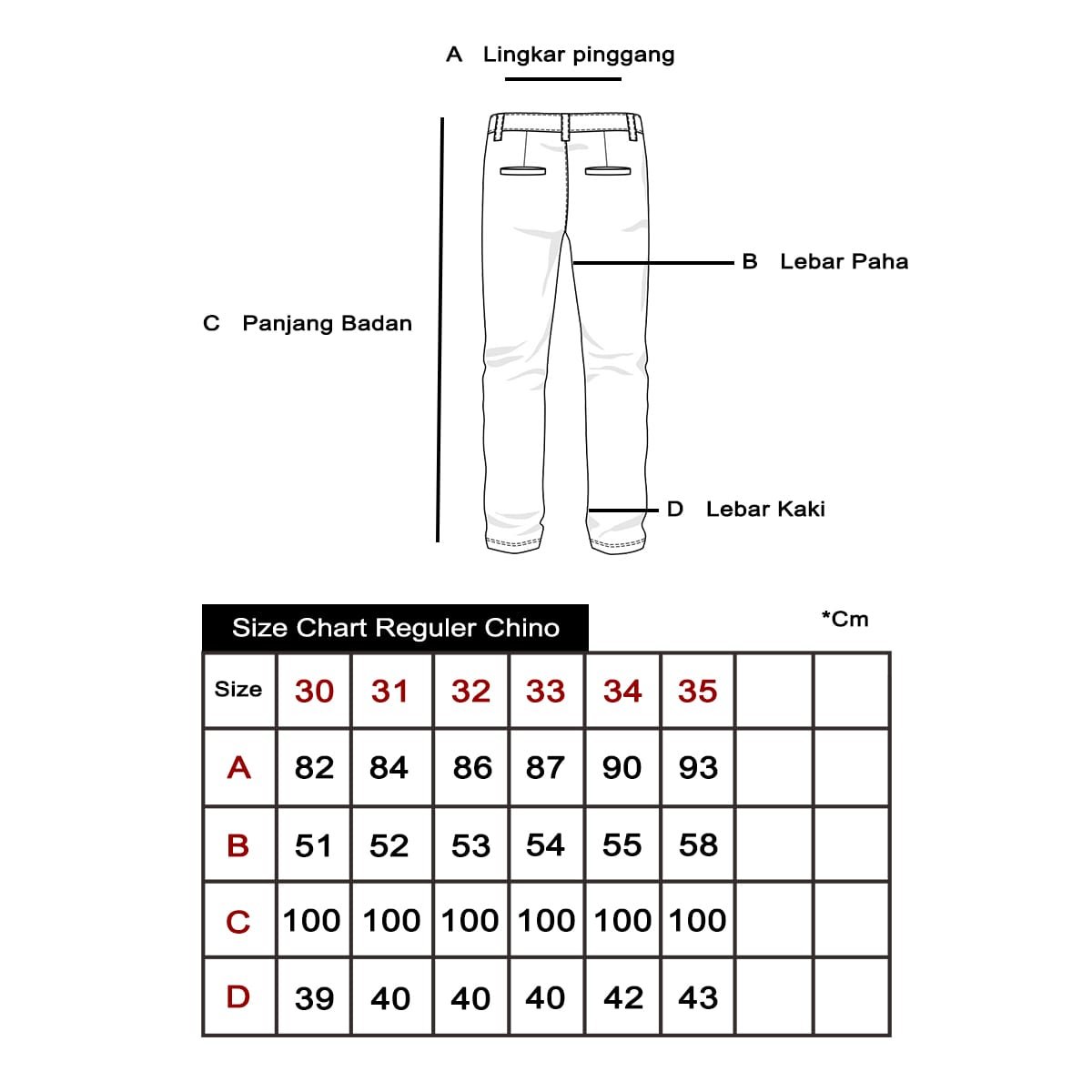 Size Chart Reguler Chino